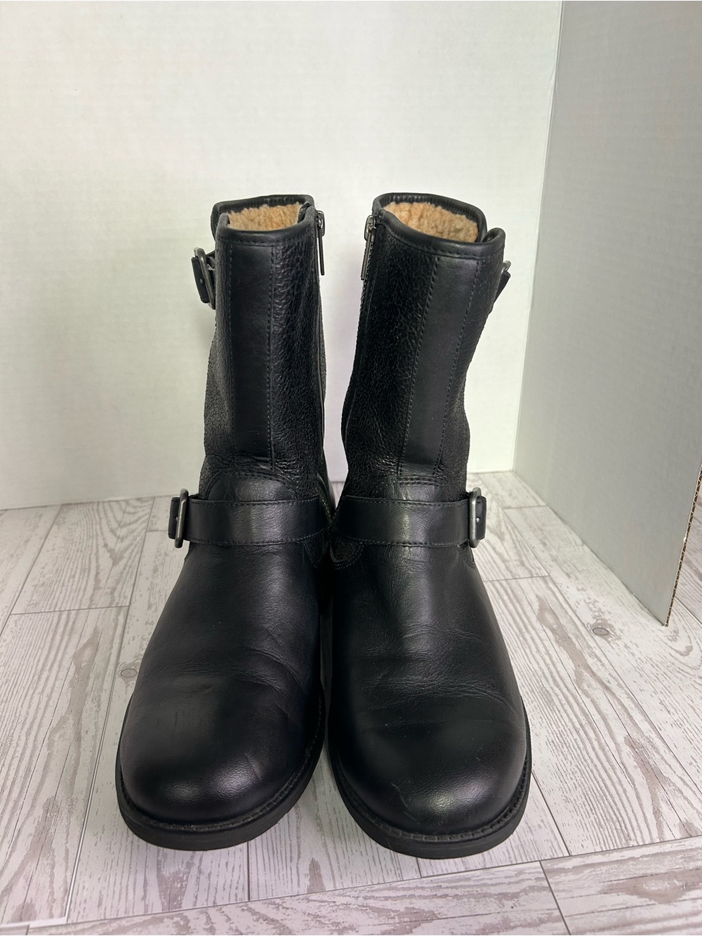 UGG Chaney black leather shearling biker/motorcycle boots